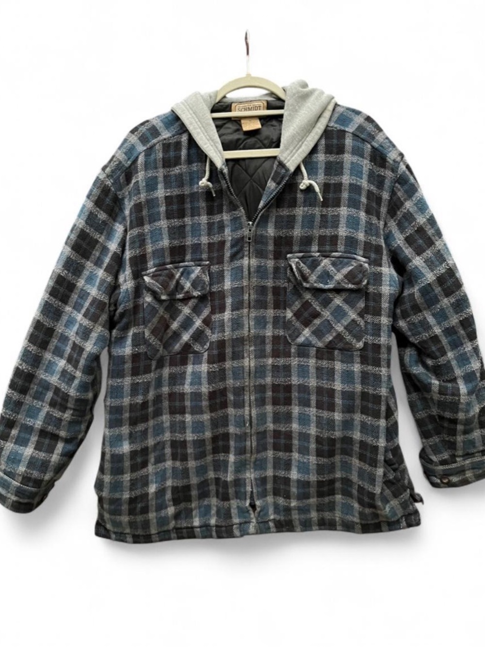 Vintage c.e. Schmidt Men's Hooded Quilted Plaid Jacket in Blue & Gray
